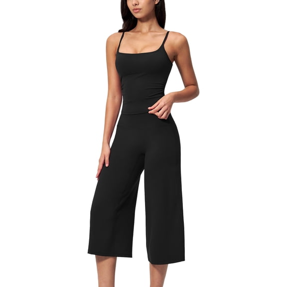 IDOPIP Workout Sets for Women Two Piece Halter Tank Top Sports Bra Matching Wide Leg Capri Flared Gauchos Pants Gym Cropped Leggings Athletic Running Work Yoga Pilates Outfits