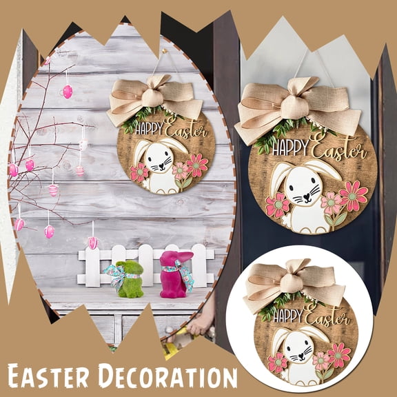 CoreLiving Wooden Easter Bunny Door Hanger Sign Happy Easter Plaque Wreath for Front Door Wall Window Farmhouse Indoor Outdoor Home Spring Decor