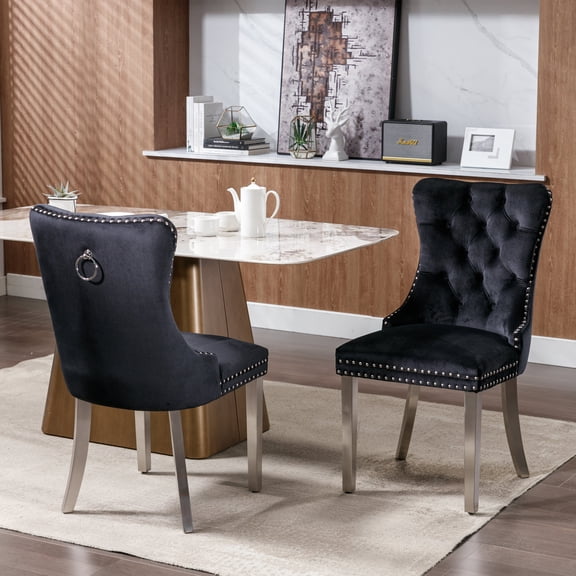 Dtwnek 2 Pcs Velvet Dining Chair with Silver Stainless Steel Legs, Perfect for Living Room, Dining Room, Silver and Black