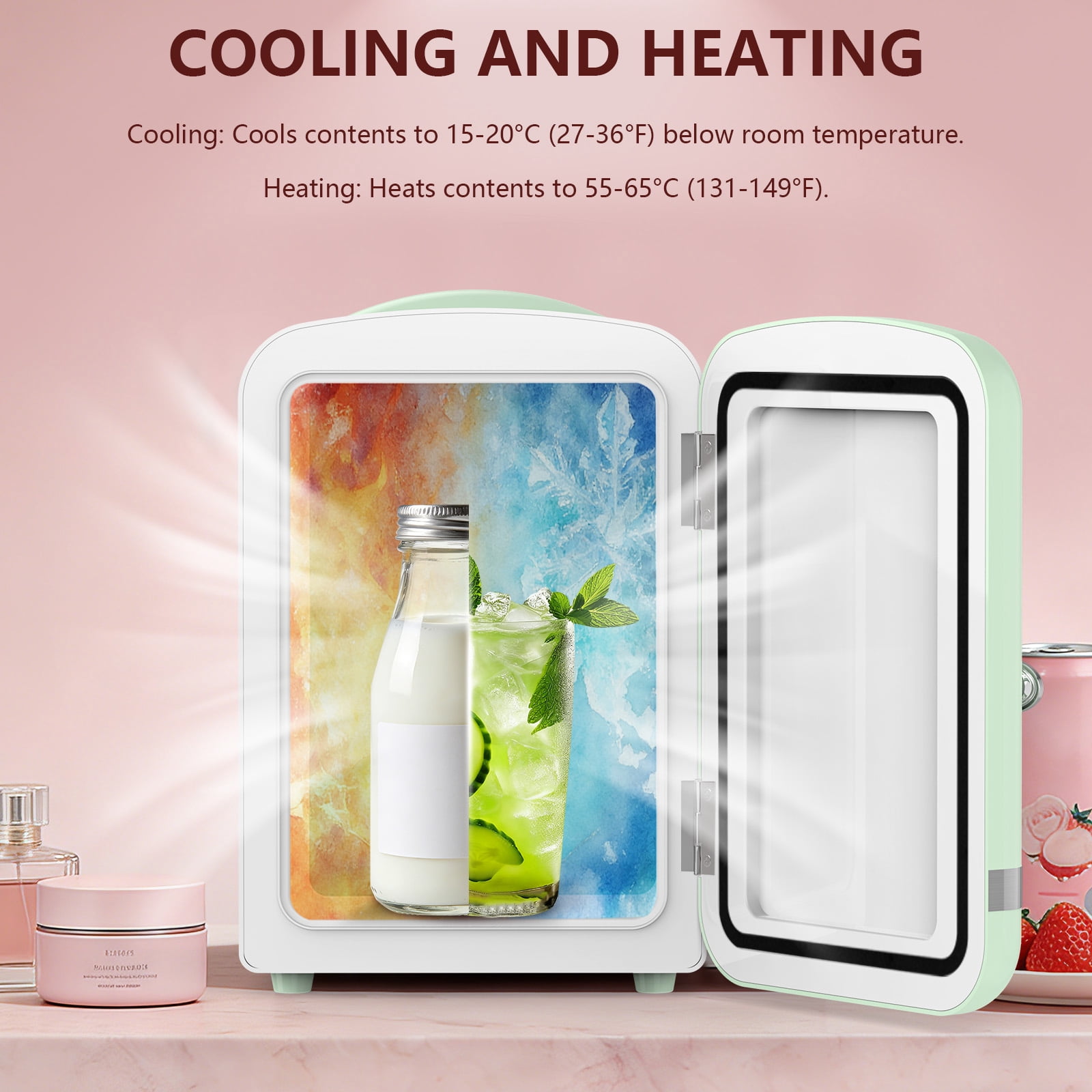 KNDKO Mini Fridge, 4L/6 Cans Cooler and Warmer Compact Refrigerator Skincare, Makeup & Drink, Portable Desk Fridge for Car, Office, Dorm, Green