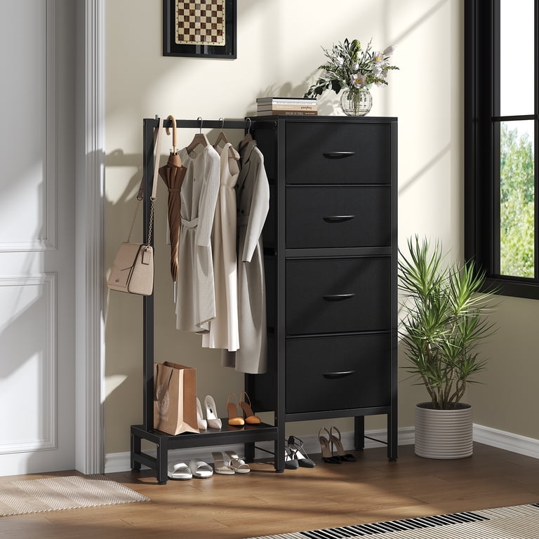CONCETTA 44-inch Tall Dresser with Hanging Rack & 4 Drawers, Small Bedroom  Closet, Reversible Fabric Chest, Sturdy Frame Storage Tower, Black