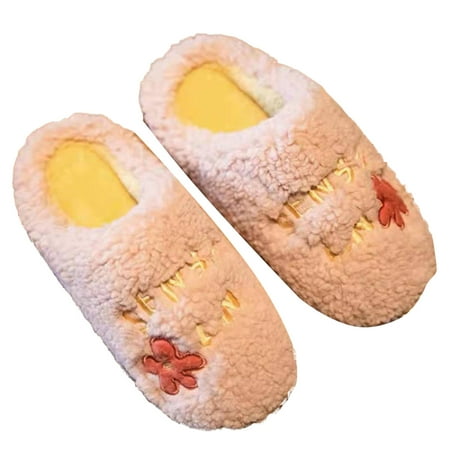 

KelaJuan Women Winter Indoor Slippers Embroidery Letters Flower Non-slip Soft Sole Warm House Shoes