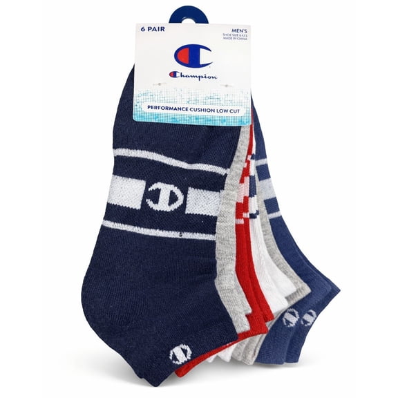 CHAMPION SOCKS MEN'S - LOW CUT 263 - BLUE GREY RED - LARGE (6-12) PACK 6 XX