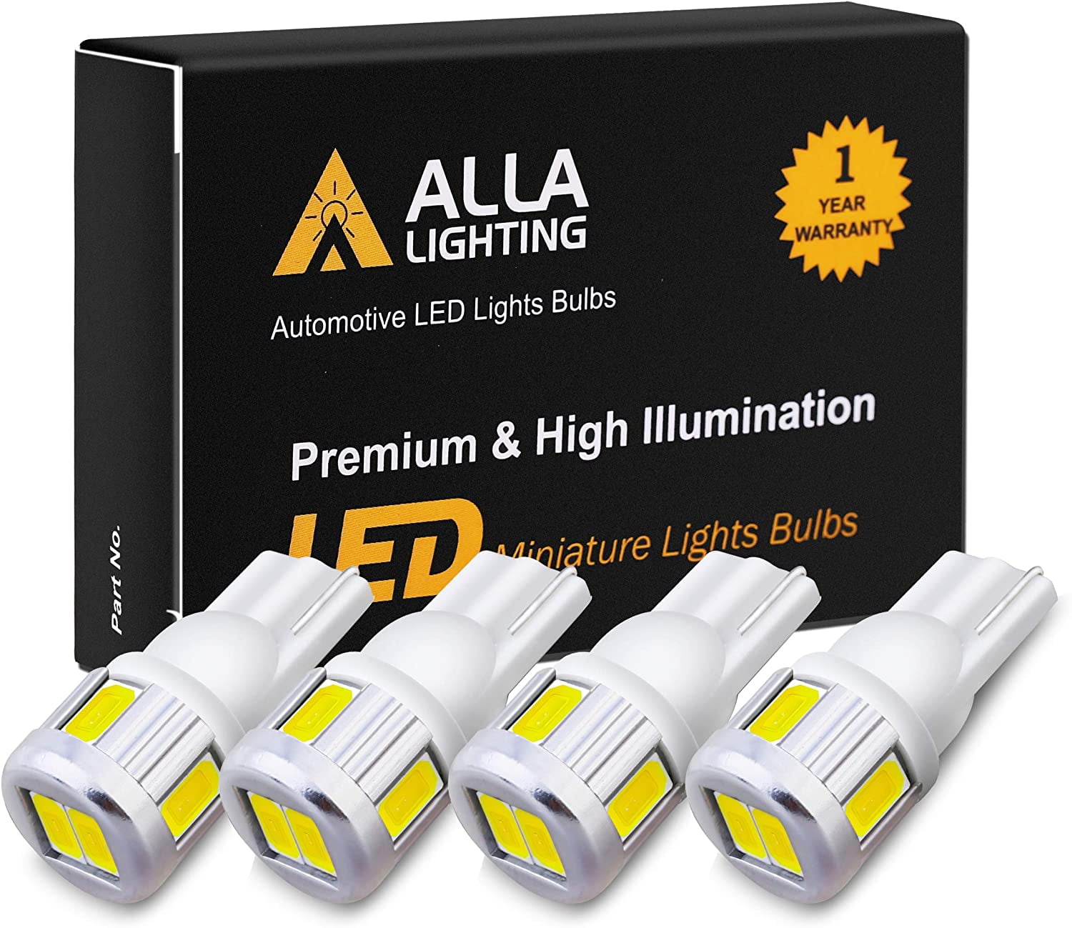 Alla Lighting 4x T10 194 168 LED Bulbs, 6500K Xenon White 175 161 2825 W5W 2821 Parking Lights, License Plate Lights, Interior Lights, Map Lights, Dome Lights, Trunk Lights 12V 5630 SMD Replacement