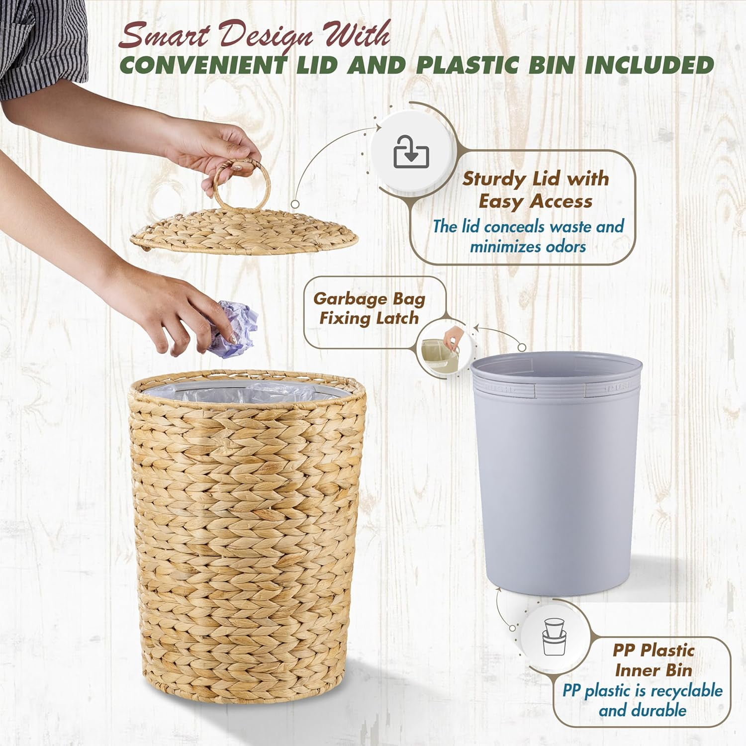 Wicker Trash Can with Lid and Removable Liner, Wicker Rattan Bathroom Trash Can, Large Woven Bin for Office, Hyacinth Waste Basket for Bedroom, Living Room, Kitchen