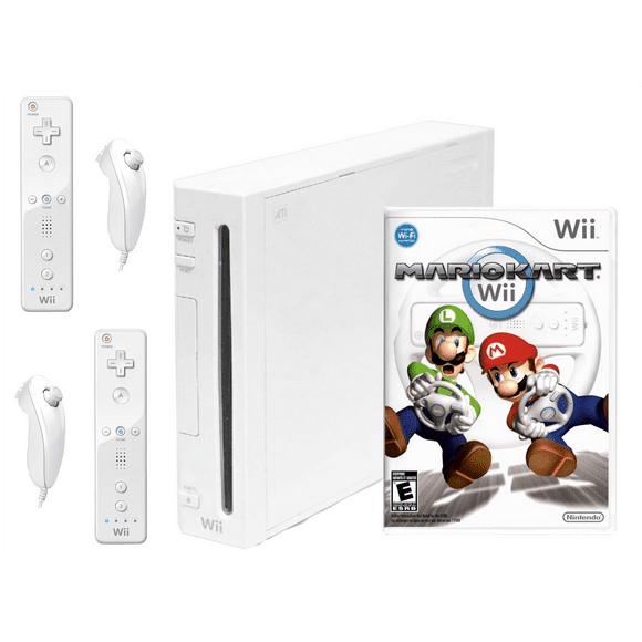Nintendo Wii Console White with 2 Sets of Controllers & Mario Kart Bundle System