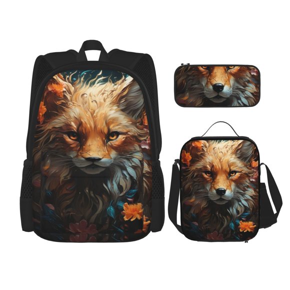 Gaeub Floral Fox Printed Large Capacity Backpack Lunch Bag Pencil Case Combination 3 Piece Set, School Daypack for Boys and Girls