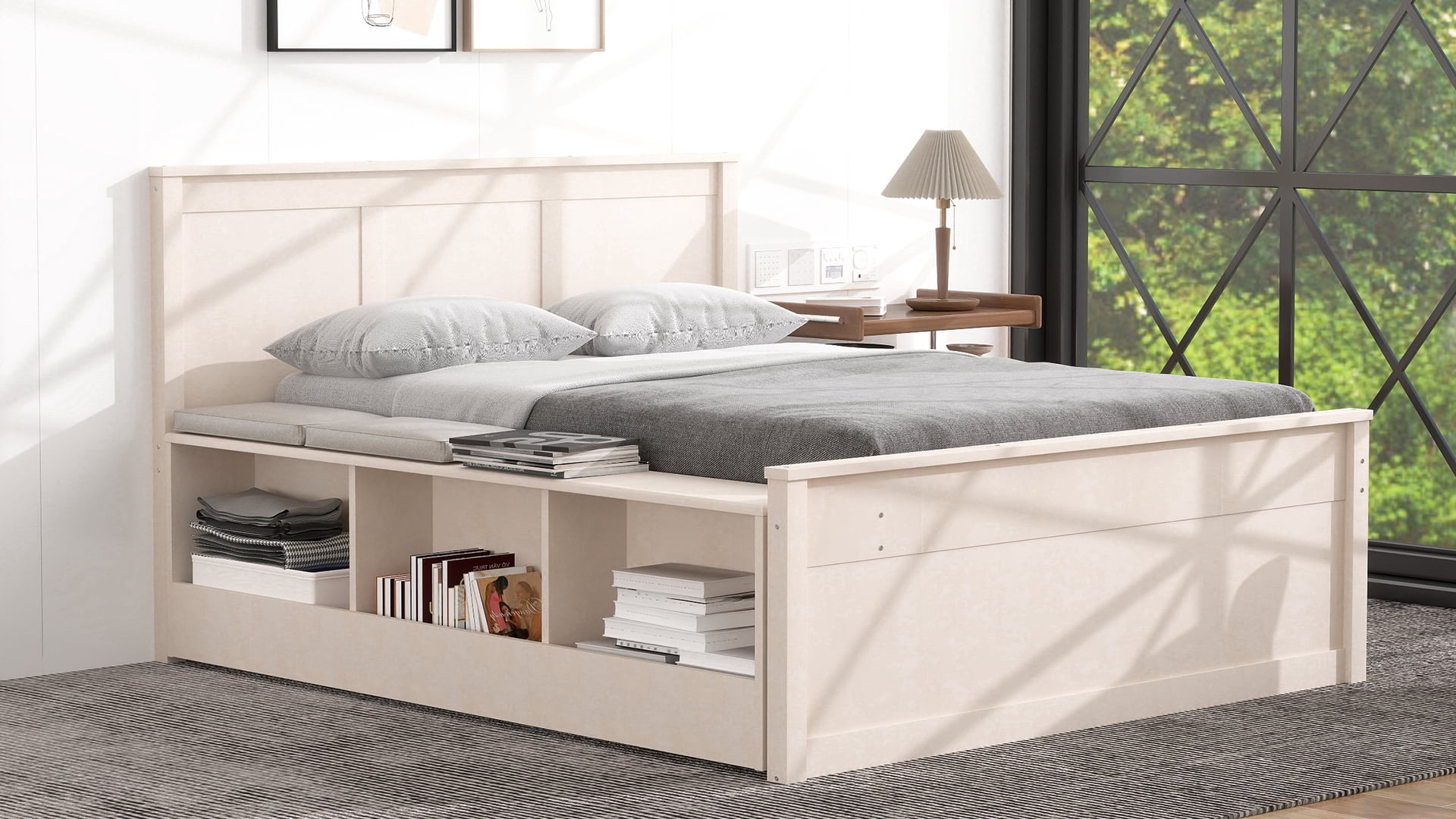 Mintazer Full Platform Bed with Pull-Out Trundle, Modern Bookcase Bed with Storage Cabinet, No Box Spring Needed, White