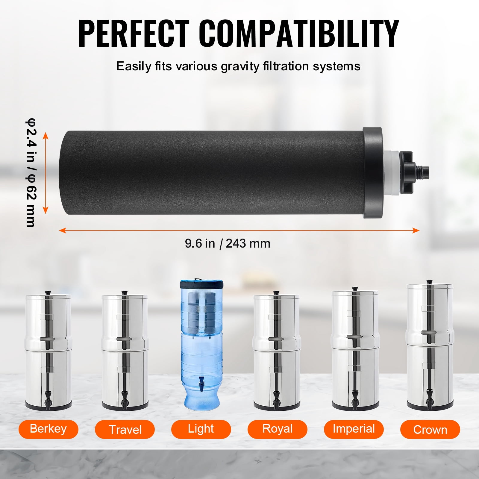 VEVOR Water Filters Replacement, Purification Elements, Activated Carbon Replacement Filters, Easy to Replace Water Filter, Gravity Water Filter System, Compatible with Most Brands, Pack of 2, Black