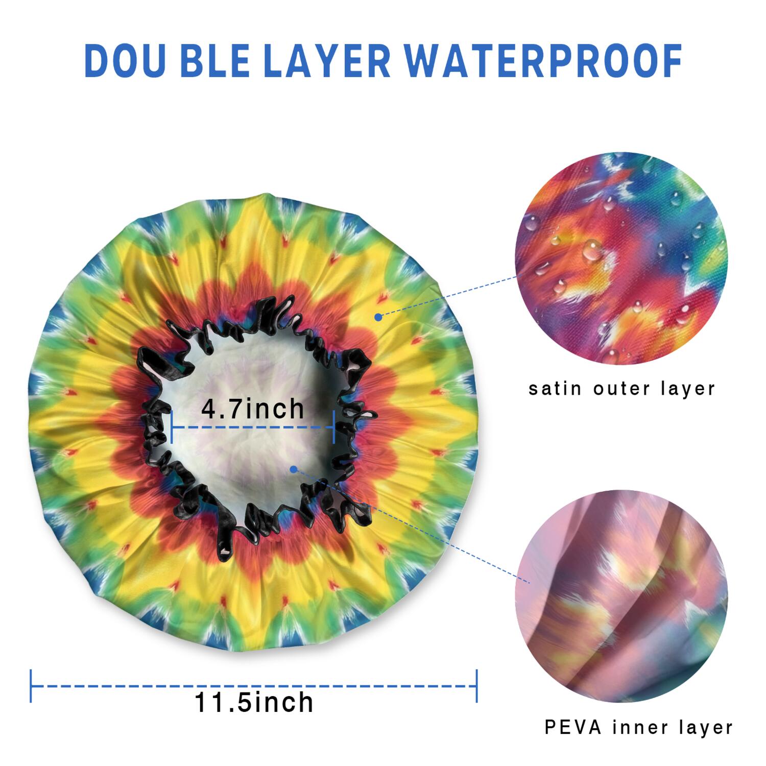 Shower Caps,Rainbow Tie Dye Star Mandala Pattern Waterproof Shower Cap for Women 4 Pieces,Double Reusable Hair Cover for Shower PEVA Elastic Stretch Hem