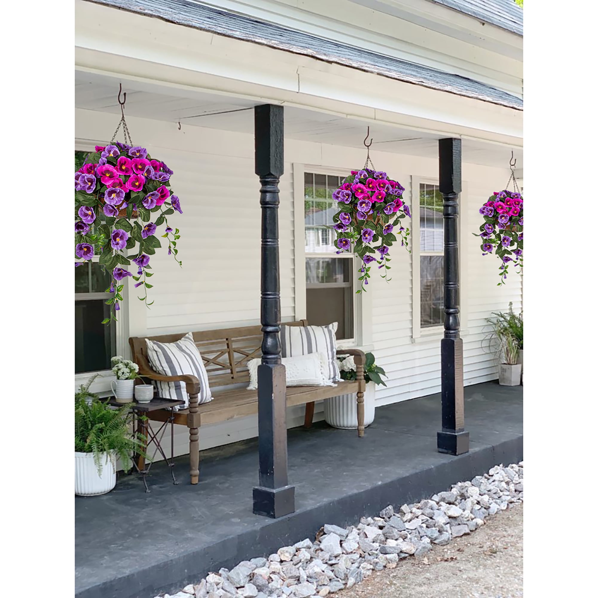 Briful 27.6’’ Fake Flowers Hanging Basket, Pansy Artificial Flowers, Realistic Silk Spring Bloom Faux Flowers, 5.9’’ Coconut Basket, for Home Farmhouse Balcony Outdoor Patio Garden Decor
