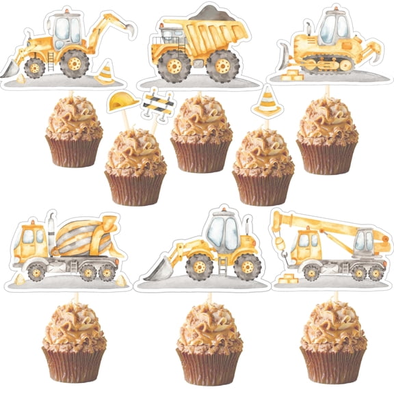 CRAFTER KING Construction Cupcake Toppers 18PCS, Under Construction Birthday Party Cake Picks, Dump Truck, Excavator, Bulldozer, Crane, Helmet & Cone Decor
