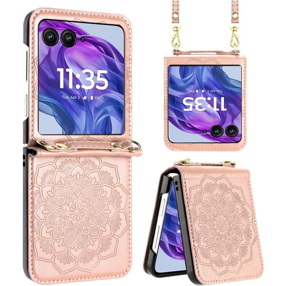 TJS for Motorola Razr Plus 2024 Phone Case, Mandala Flower Leather Protective Cover with Strap for Moto Razr Plus 2024 (Rose Gold)