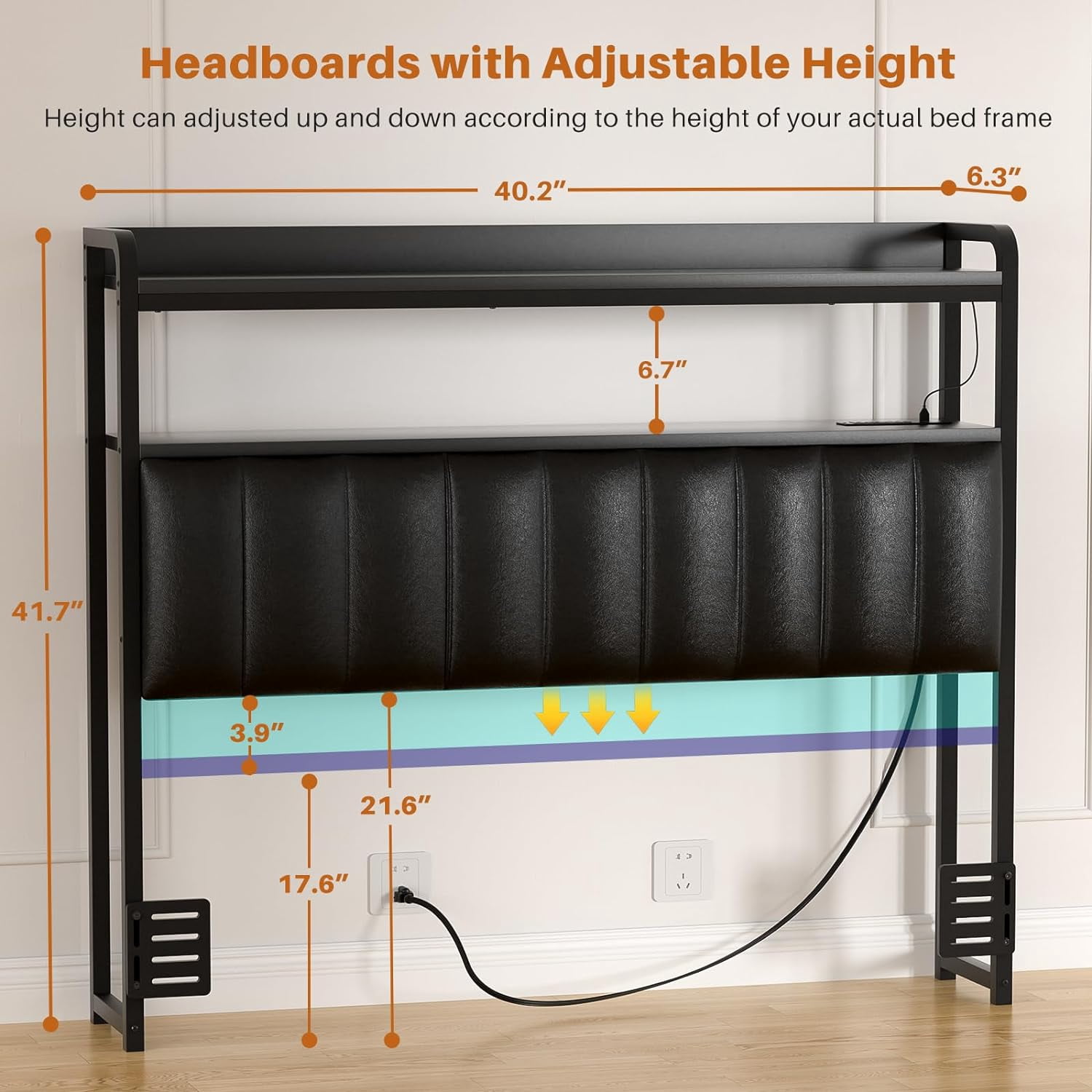 iSunirm Upholstered Headboard for Twin Size Bed, Head Board with Power Outlet & LED Lights, Easy Assembly, Black
