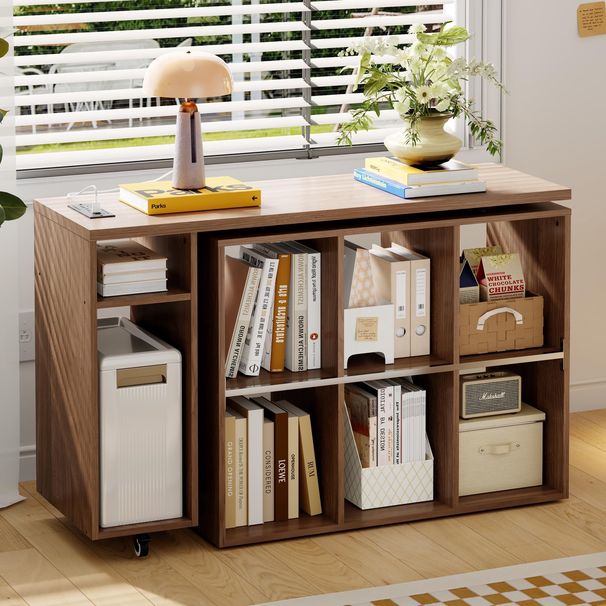 BOSHIRO 360° Rotating L-Shaped Computer Desk with Storage Shelves, Adjustable Swivel Arm Writing Table for Home Office or Bedroom, Rustic Brown Finish