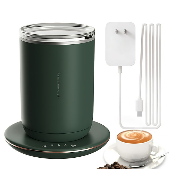 2 In 1 Self Stirring Coffee Mug 3 Level Adjustable Constant Temperature Cup Warmer 60s Auto Stop 24W Magnetic Self Stirring Cup with 300ml/10.5oz Capacity Touch Button Base and Dustproof Cover