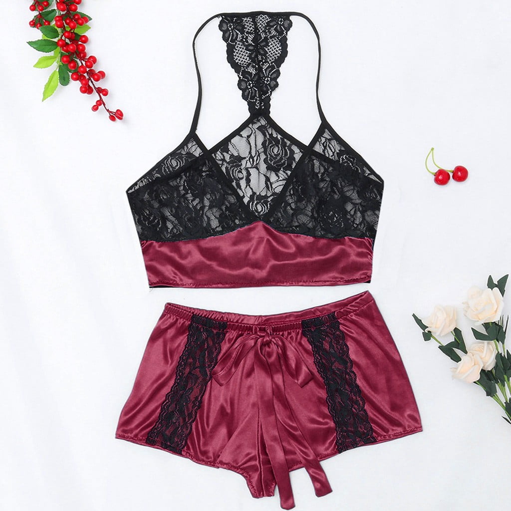 CEspace Women Plus Size Stain Lingerie Lace Splice Sleepwear Bowknot ...