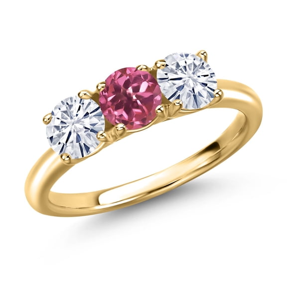 Gem Stone King 18K Yellow Gold Plated Silver Pink Tourmaline and White Moissanite Engagement Ring for Women | 1.52 Cttw | Round 5MM | Gemstone October Birthstone | Size 6