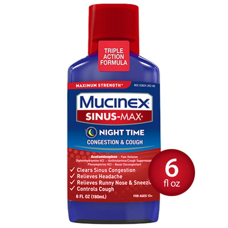 Mucinex Sinus-Max Max Strength Night Time Congestion & Cough Relief Liquid, (What's The Best Cough Medicine For Adults)
