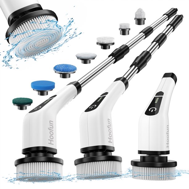 HOOFUN Depurador Eléctrico Giratorio, Depurador Eléctrico Inalámbrico para Bañera con Mango Largo y 7 Cabezales Reemplazables, Desmontable Como Mango Corto, Cepillo de Limpieza de Ducha, Herramientas Domésticas para Baño y Piso de Baldosas