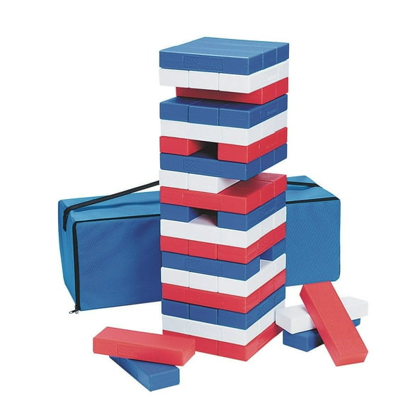 S&S Worldwide Patriotic Super Tumbling Timbers. Giant Version of Popular Stacking Game with Light Hollow Plastic Blocks. 50% Lighter than Wood!  Includes Activity Guide, bag, 54 - 9"x3"x1.6" blocks.