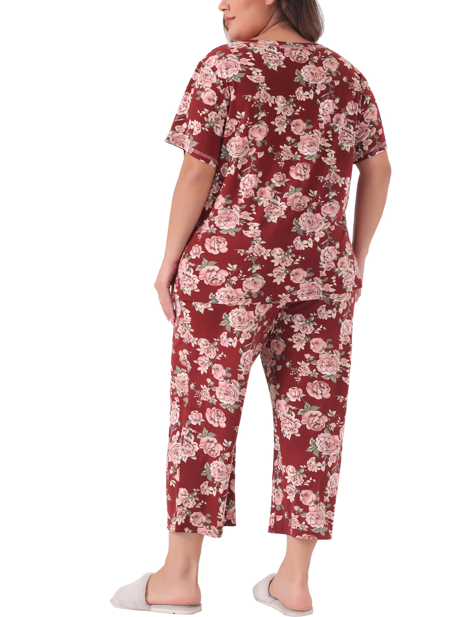DARING DIVA Women's Plus Size 2-Piece Floral Short Sleeve Pajamas Set 2XL Wine Red