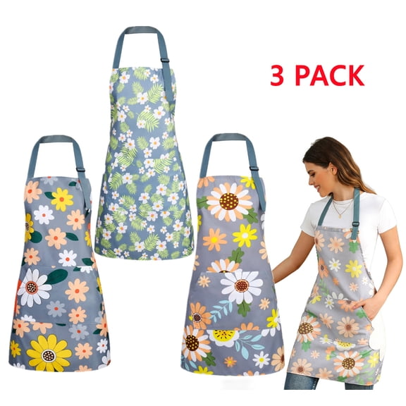 3 PCS Kitchen Apron, Floral Aprons for Women with Pockets,Waterproof Adjustable Apron for Cooking Baking Painting