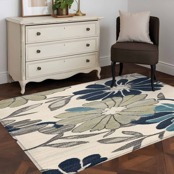 3'x5' Area Rugs, Sage Green Blue Floral Indoor Outdoor Area Rug for Living Room Bedroom, Vintage Beige Botanical Washable Bathroom Rugs Kitchen Floor Carpet Mats Home Decor Aesthetic