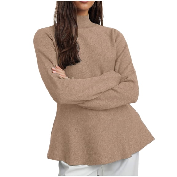 Lenpel Women's Turtleneck Sweaters Casual Long Sleeve Ruffle Hem Knit Peplum Tops Fashion Pullover Sweaters(Khaki,X-Large)