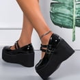 thumbnail image 4 of Womens Platform Chunky Mary Janes Dress Shoes Black Leather Vintage 2 Buckle Straps Height Increasing Heel Ballet Flats, 4 of 6