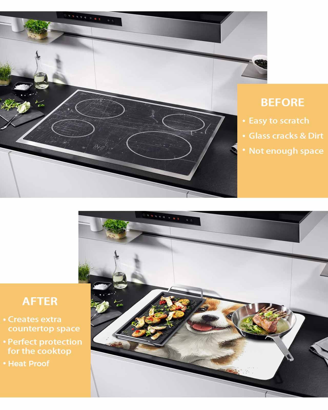 nqOlkjepod Large Induction Cooktop Protector Mat 24"x21", Funny Puppy Stove Top Covers for Electric Stove, Modern Simple Cute Dog Animal Portrait Stove Burner Cover Mats, Glass Top Stove Cover