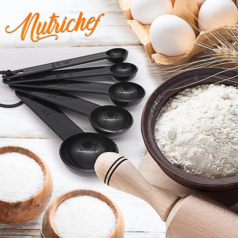 NutriChef 5-Piece Plastic Measuring Heavy Duty Round Shaped Classic Kitchen Measuring Spoon for Dry
