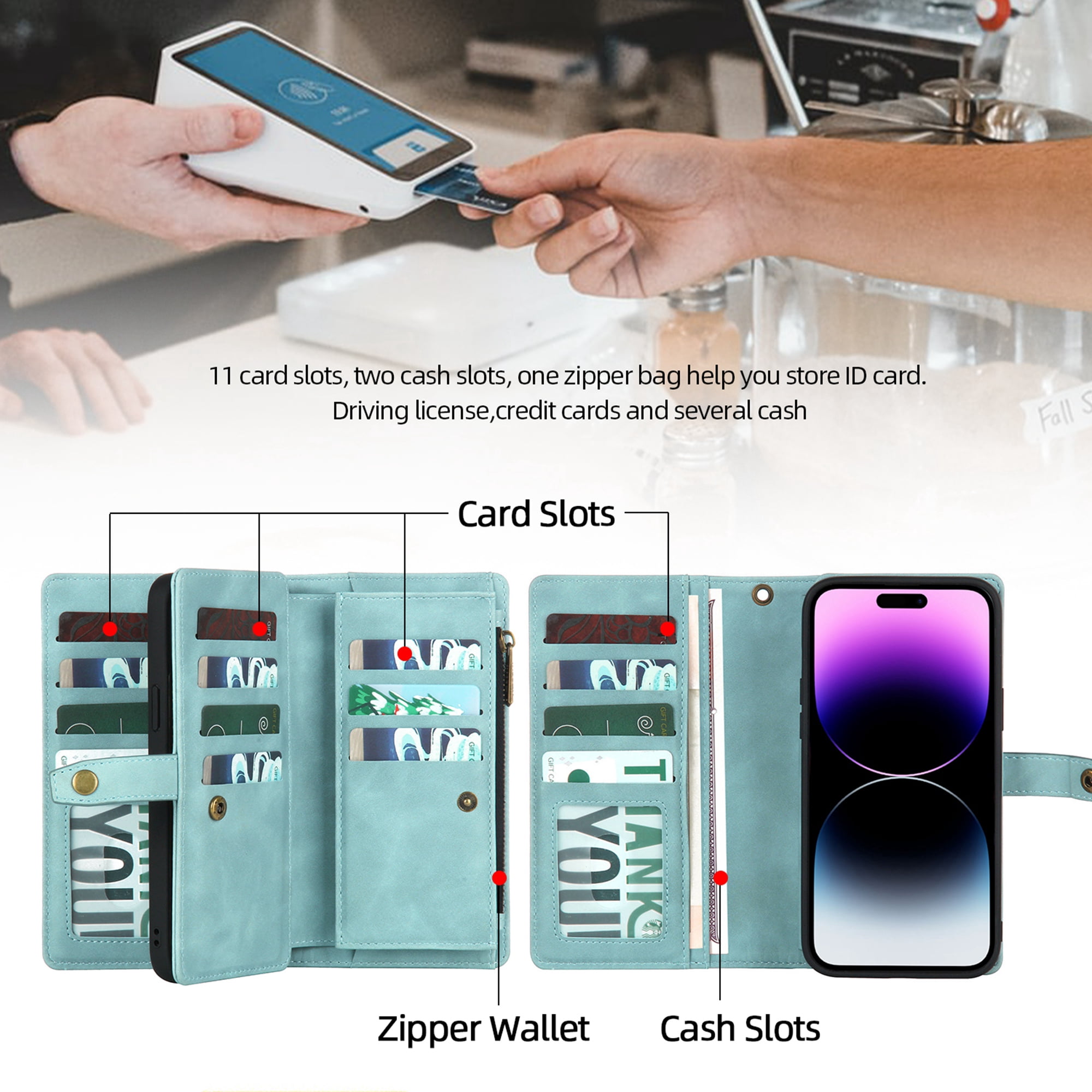 Dteck for iPhone 14 Pro Max Case, iPhone 14 Pro Max Case Wallet for Women Men, Durable PU Leather Magnetic Flip Lanyard Strap Wristlet Zipper Card Holder Phone Cases for iPhone 14 Pro Max,Green