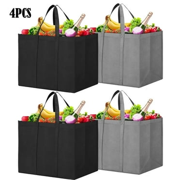 Reusable Grocery Shopping Bags 4 Pack Large Foldable Tote Bags Bulk, Eco Produce Bags with Long Handle for Shopping Groceries Clothes (Grey&Black)