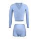 thumbnail image 4 of Conjunto de dos piezas de jersey de cuello en V de color liso para niños, camiseta de capa base de punto, suéter de manga larga, capa base y pantalones cortos de punto, top de poliéster para niños., 4 of 5