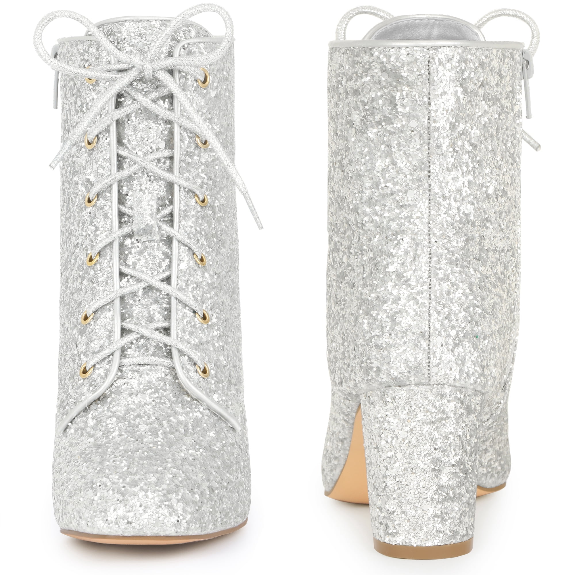 DARING DIVA Women's Square Toe Glitter Block Heels Ankle Boots Silver 7