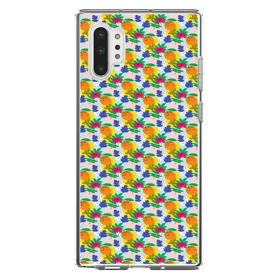 DistinctInk Clear Shockproof Hybrid Case for Galaxy Note 10 PLUS (6.8" Screen) - TPU Bumper, Acrylic Back, Tempered Glass Screen Protector - Summer Vibes Floral Pattern Orange Blue Yellow