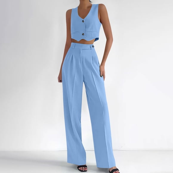 Women's 2 Piece Outfits Dressy, Sleeveless Suit Vests and Wide Leg Pant Summer Business Casual Button V Neck Blazer Set Family Outfits Matching Sets Sky Blue XXL