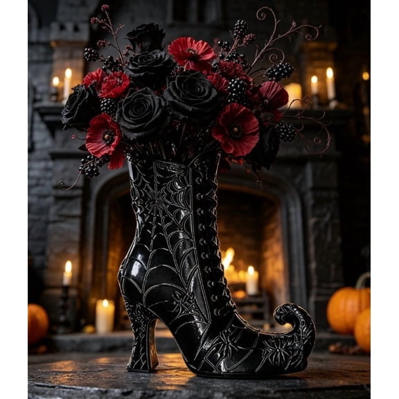 Halloween Witch Boot Vase, Gothic Printed Vase for Table Centerpiece, Decorative Flower Vase for Fireplace Mantel Entryway Shelf, Spooky Halloween Home Decor