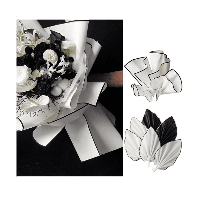 Rikyo 20 Counts Black/White Fresh Flowers Wrapping Paper,Waterproof Florist Bouquet Paper with Border with 48 Yards 1/2Fabric Ribbons,Gift Packaging for