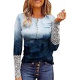 thumbnail image 2 of Women Round Neck Lace Stitching Long Sleeve Print Buttons Comfortable Tops, 2 of 5