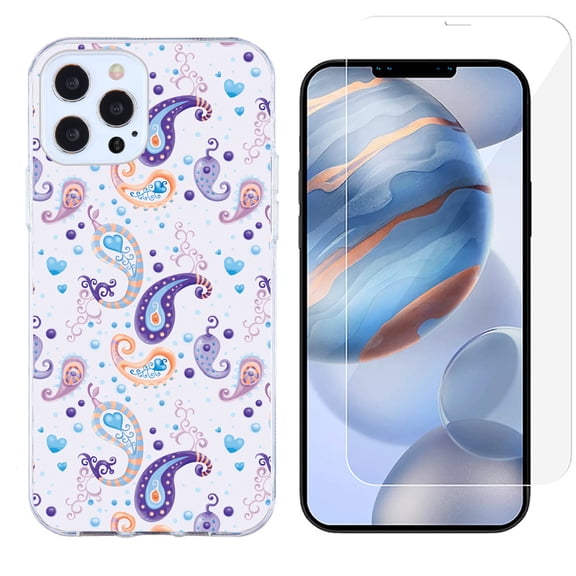 Slim-Fit Protective Phone Case compatible with iPhone 12 Pro Max, with Tempered Glass Screen Protector, by OneToughShield ® - Paisley Purple