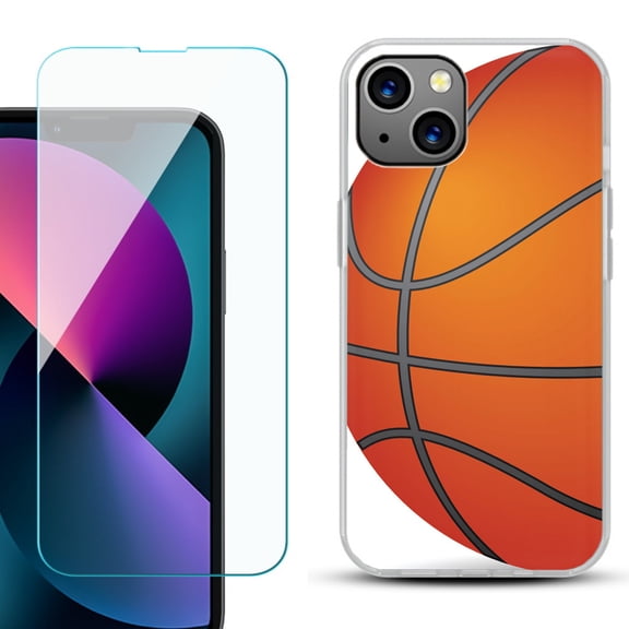 Slim-Fit Gel TPU Phone Case for iPhone 13 Mini, with Tempered Glass Screen Protector, by OneToughShield ® - Basketball