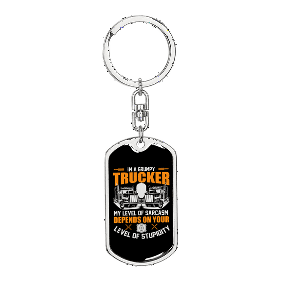 Stupidity Level Grumpy Trucker Swivel Keychain Dog Tag Stainless Steel or 18k Gold