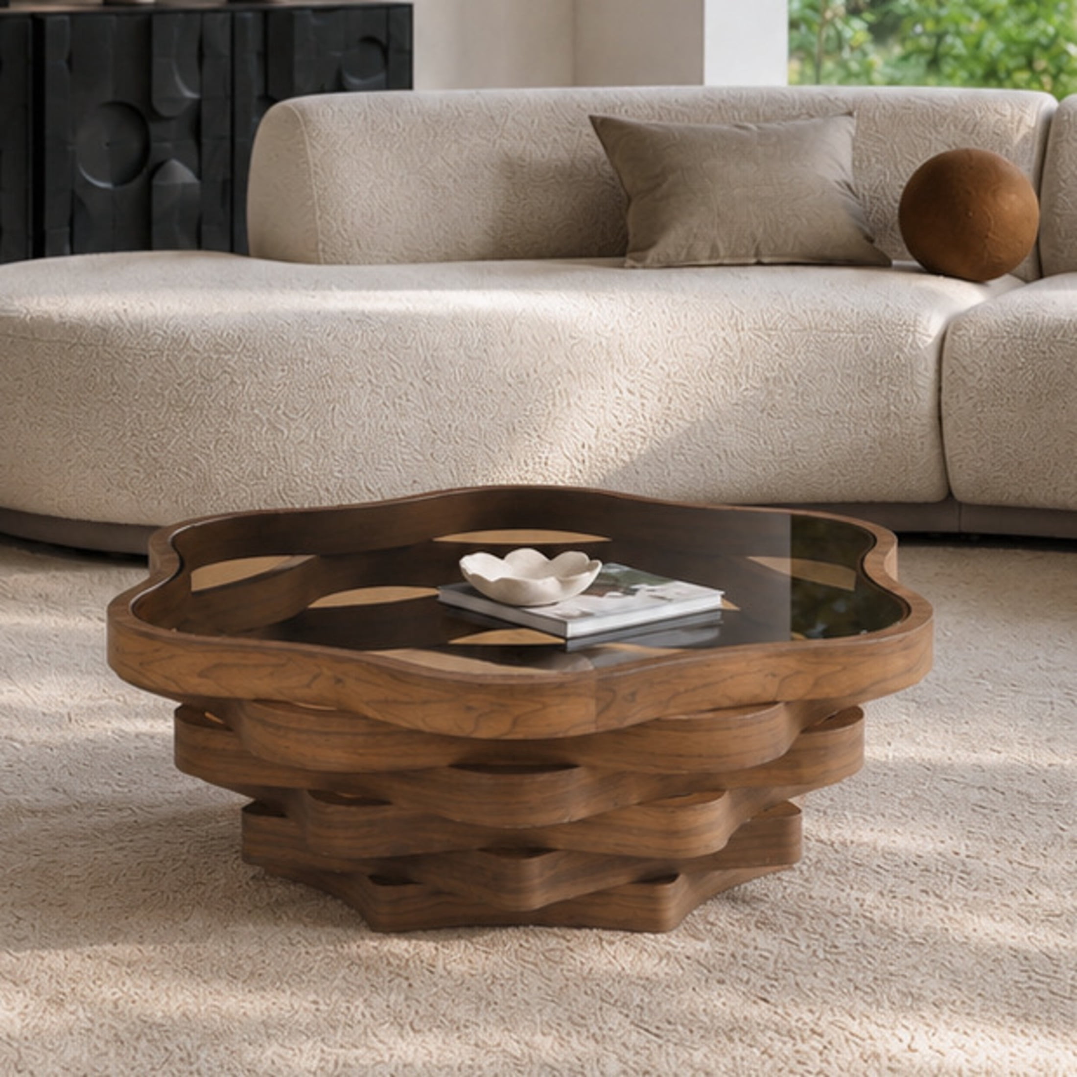 Noble House Derwin 35.83" Irregular Cloud-Shaped Coffee Table with Tempered Glass Top & Artistic Wave MDF Base, Walnut