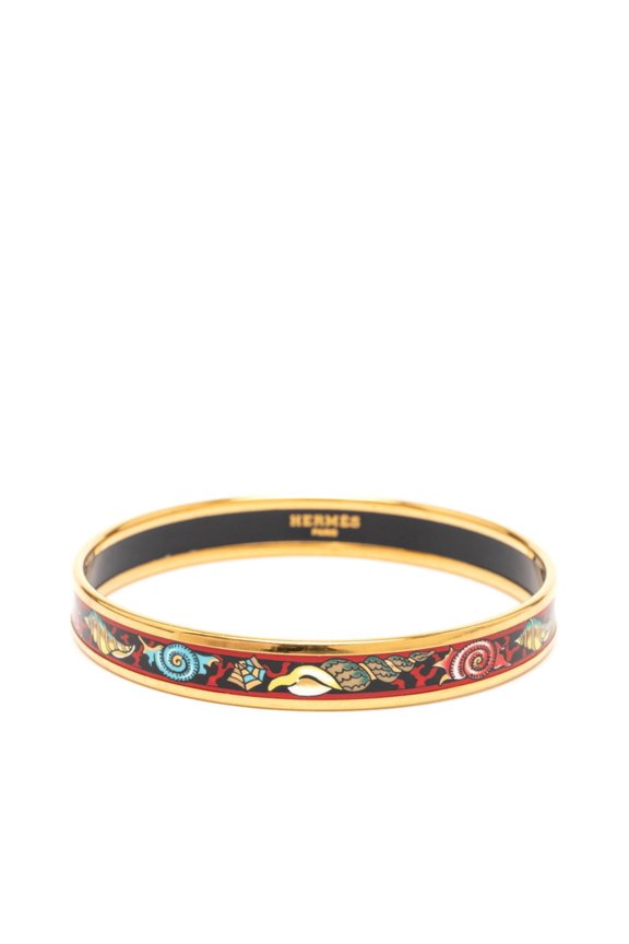 Pre-Owned Hermes Enamel PM Cloisonn Shell Bangle in Gold and Red Plated for Women