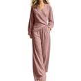 thumbnail image 2 of LEKWK 2 Piece Sets for Women Elegant V Neck Long Sleeve Wrap Top and Wide Leg Pants Casual Matching Sets Vacation Casual Loungewear, 2 of 5