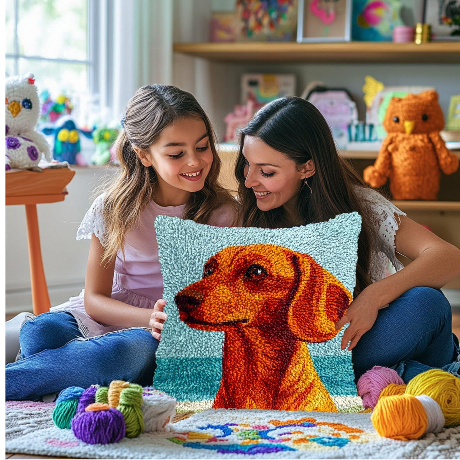 DIY Latch Hook Pillow Kits for Adults Cartoon Brown Dachshund Dog Printed Pillowcase Crochet Yarns Hooking Handmade Pillow Cover Cushion for Home Sofa Decor 17x17inch(2)