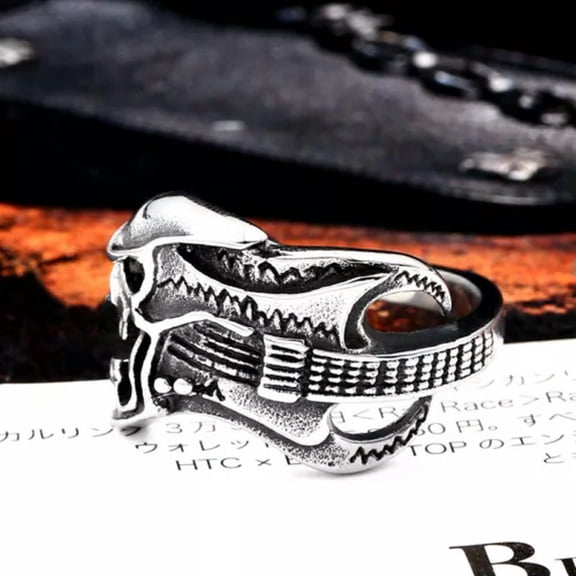 K-KED Men's Vintage Rock Skull Guitar Ring Stainless Steel Musical Skull Punk Ring New-8
