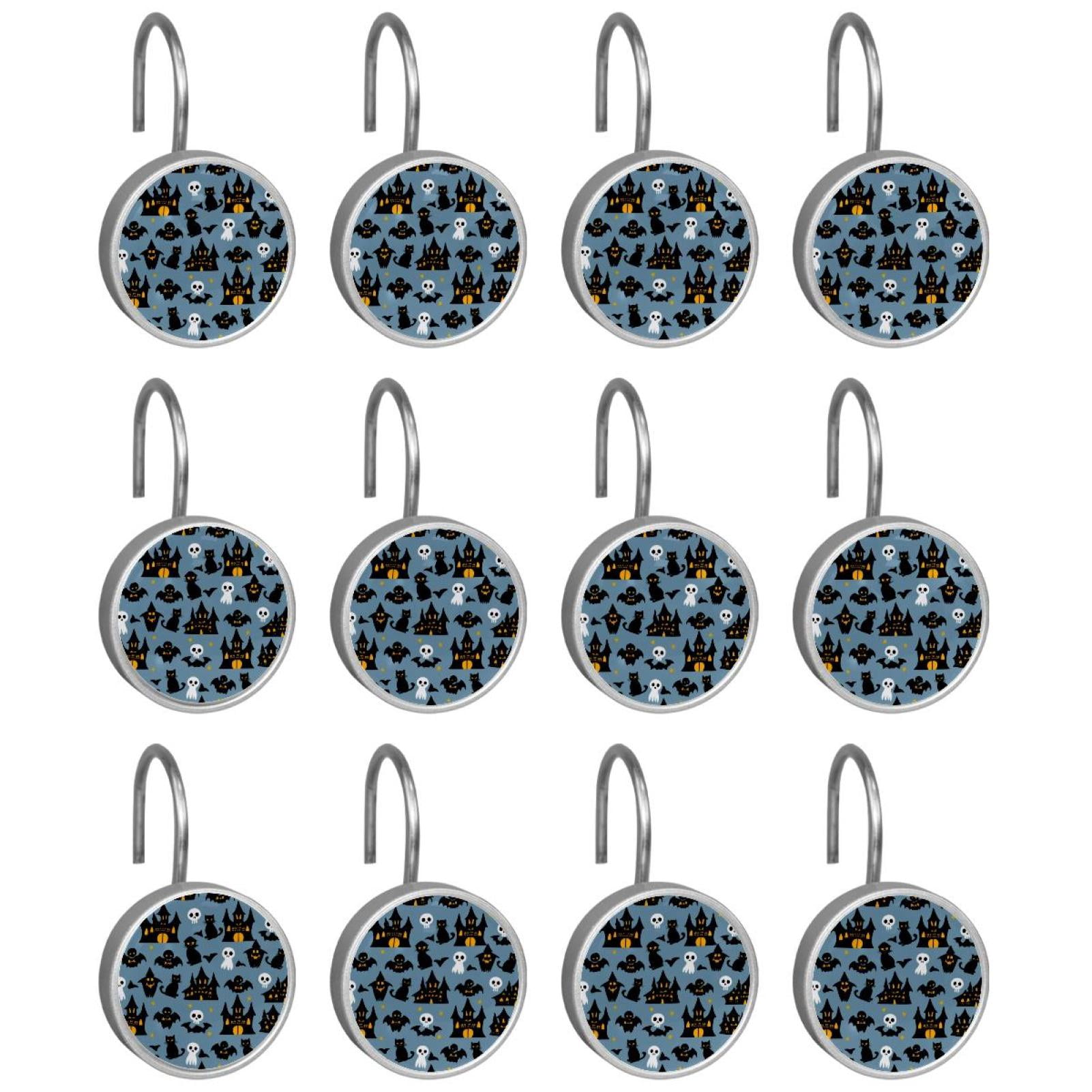 12pcs Decorative Shower Curtain Hooks, Rust Resistant Shower Rings for Bathroom Living Room,Rustproof Stainless Steel Rings for Shower Curtain and Liner Rods,Halloween Castle Bat Cats